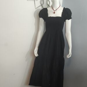 o.p.t.  Elegant Black Puff Sleeve Dress semiMaxii 100 % Cotton.  Fit Size M